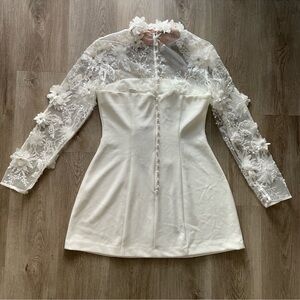 elliatt damaris white bridal 3d floral beaded mesh long sleeve mini dress Large